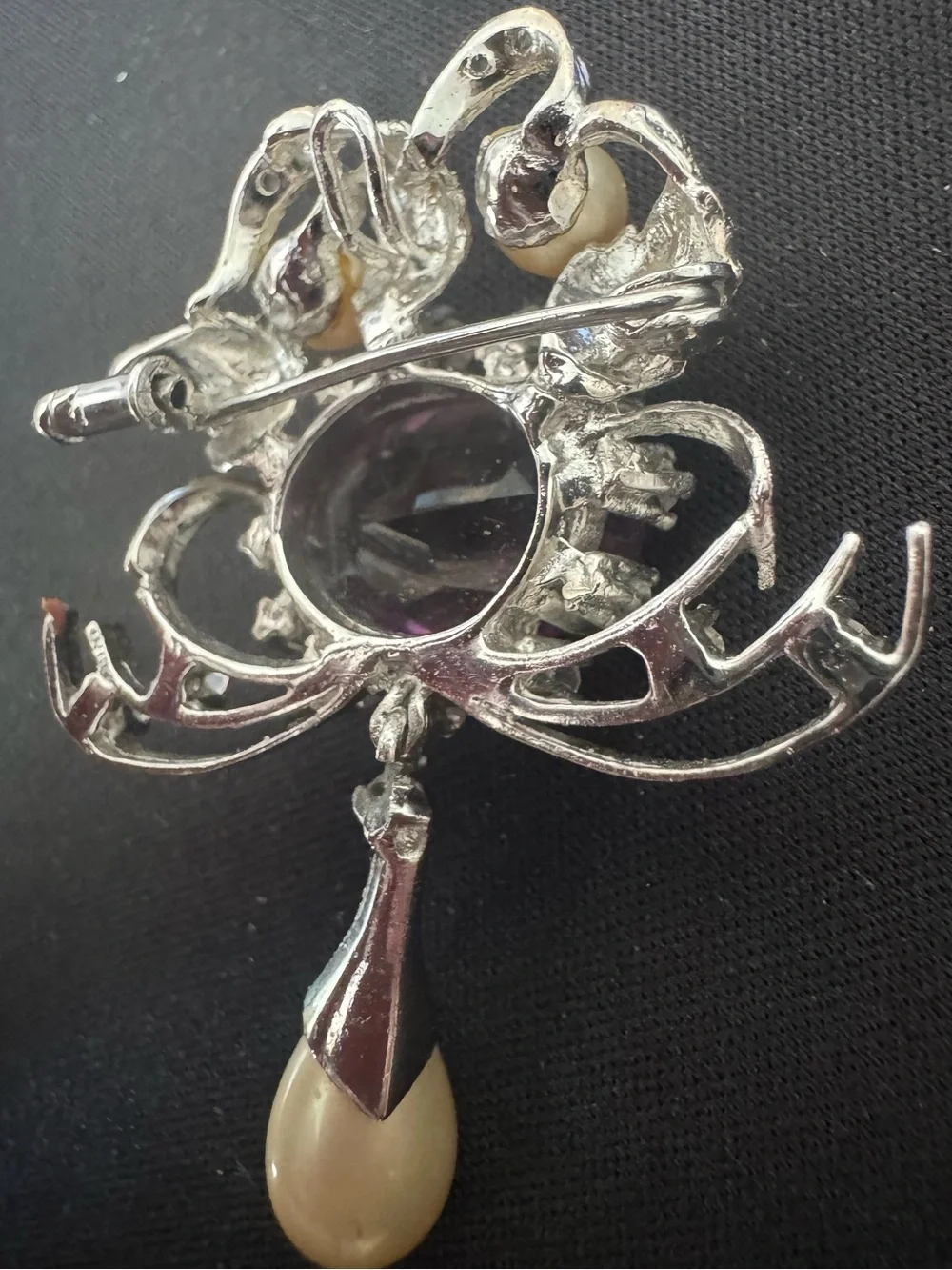 Vintage Brooch Purple Crystal And Pearl Drop Silver-Tone Brooch Costume Jewelry